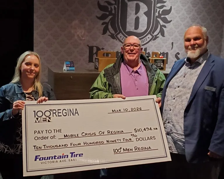 Cheque presentation to Mobile Crisis - 100 Men Who Care Regina Jun 2026 (Saskatchewan Community Foundation)